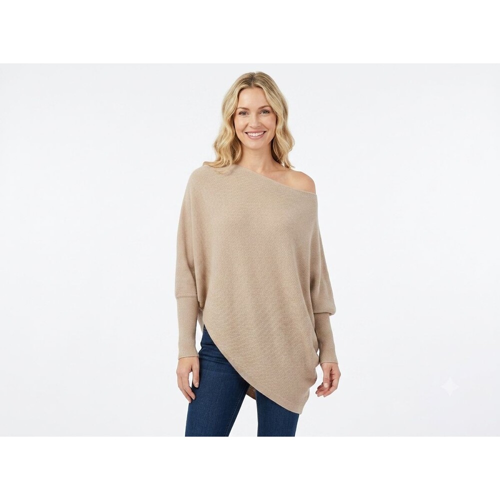 IRISGOD Cashmere Blend Off Shoulder Batwing Sweater Top Women XL Beige Tan EUC